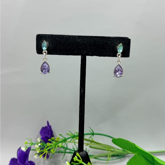 Jewelry - Silver Drop Earrings with Purple and Teal Crystal Gemstones